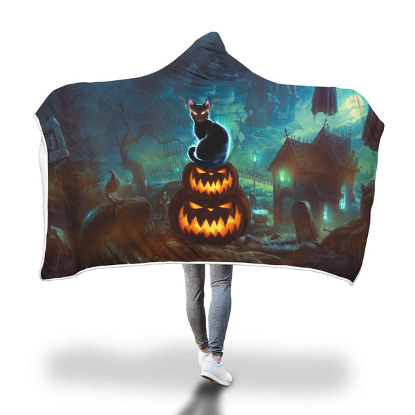 HALLOWEEN Scary Cat and Pumpkins Hooded Blanket - Nikota Fashion